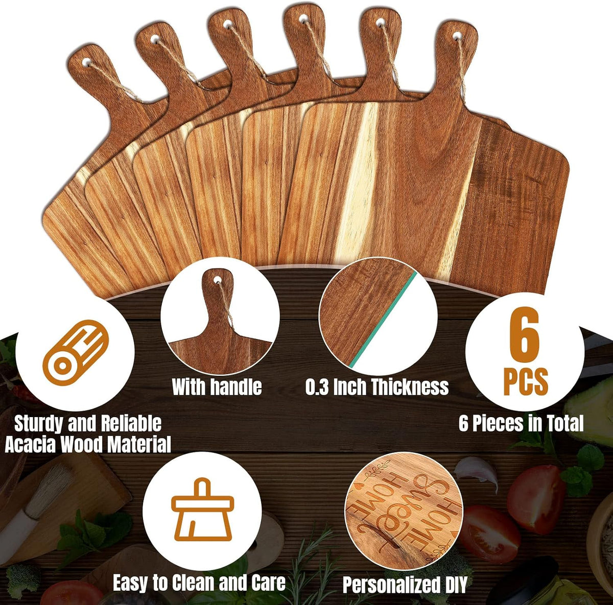 Patelai 6 Pcs 15 x 7 Inch Bamboo Cutting Board Set with Handles Laser Engraving Wooden Charcuterie Kitchen Plain Serving Chopping Board Bulk for DIY Housewarming
