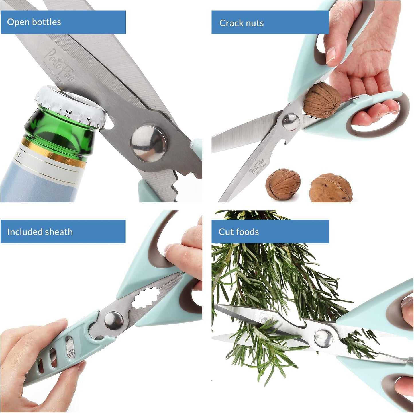 PortoFino Kitchen Scissors for Food, Stainless Steel Shears, Cooking Scissors for Chicken, Fish, Herbs, Lightweight and designed with a soft Non-Slip Grip, Protect Cover, Dishwasher Safe, Blue
