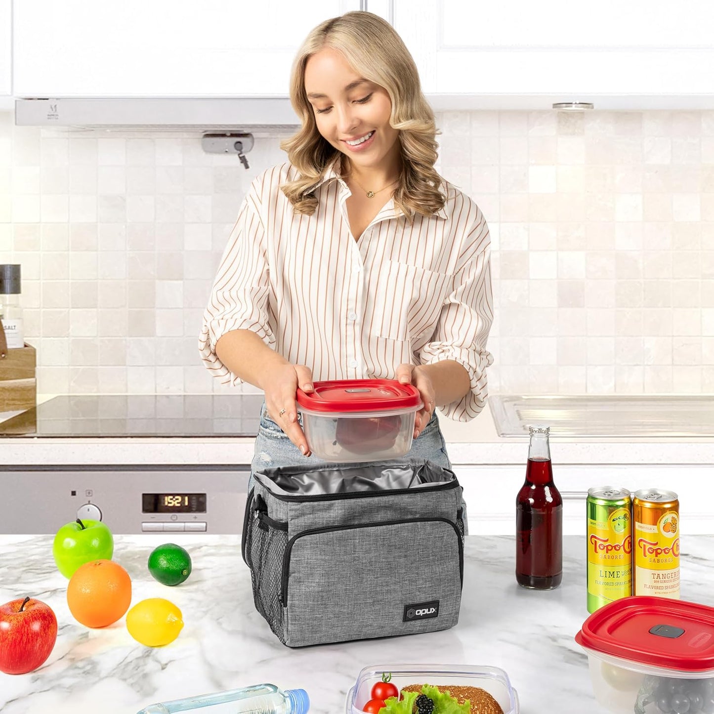 opux Insulated Lunch Bag for Men Women, Large Dual Compartment Cooler Bag, Soft Two Deck Lunch Box for Work School Picnic, Leakproof Lunch Tote with Shoulder Strap for Kid Adult (Purple, Double Deck)