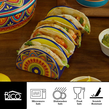 Bico Blue Talavera Ceramic Taco Holder, Taco Stand Rack Tray, Microwave and Dishwasher Safe