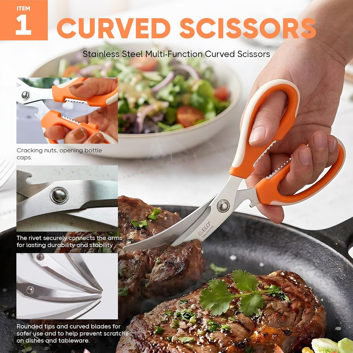 COELO Korean BBQ Kitchen Shears and Tongs Set | Multi-Purpose Kitchen Scissors, Tweezers, Scissor-Tongs for Cooking Chicken Meat Salad Barbecue Herb | Stainless Steel Comfort Handle Dishwasher Safe