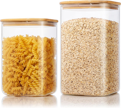 Large Glass Storage Containers 168oz, 2 Pack Pantry Jars with Bamboo Lids | Square Borosilicate Glass Jar with Airtight Lid Keep Flour, Sugar & Rice Fresh, Fits 5lb Bag, BPA-Free for Pantry Organizer