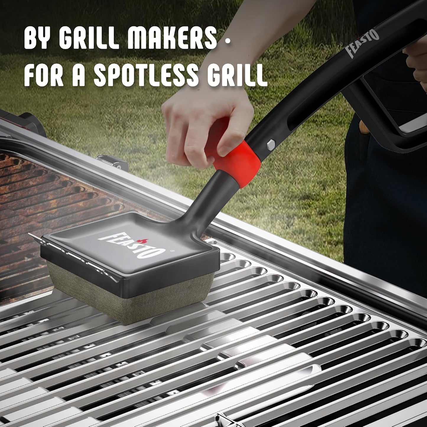 Feasto Bristle Free Grill Brush with Scraper for Outdoor Grills, Reinforced Steam BBQ Cleaning Brush with Replaceable Cleaning Head, Safe Grill Cleaner for Cast Iron & Stainless Steel Grates, Red