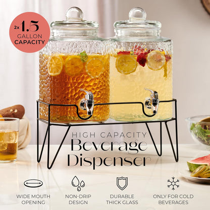 Style Setter Premium Glass Drink Dispensers with Metal Stand for Parties – Beverage Dispenser Set for Cold Drinks, Lemonade, Cocktails, Juice – Party Glass Drink Dispenser Station - 1.5 Gal, Set of 3