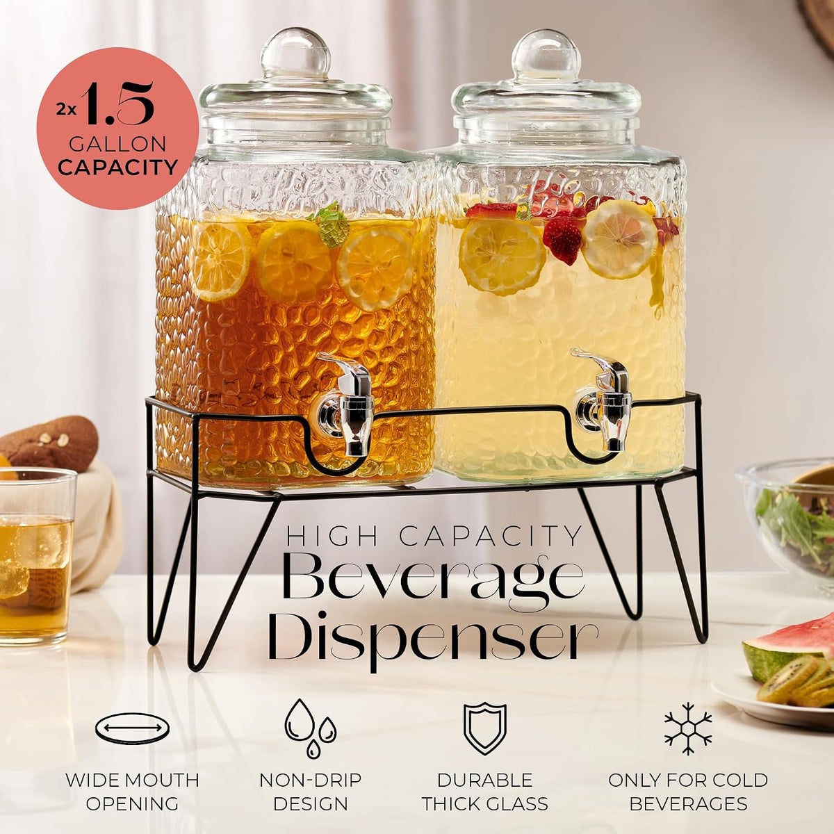 Style Setter Premium Glass Drink Beverage Dispensers - 1.5 Gal, Set of 3 | Dispenser Set with Metal Stand for Parties Cold Drinks, Lemonade, Cocktails, Juice – Party Glass Drink Dispenser Station