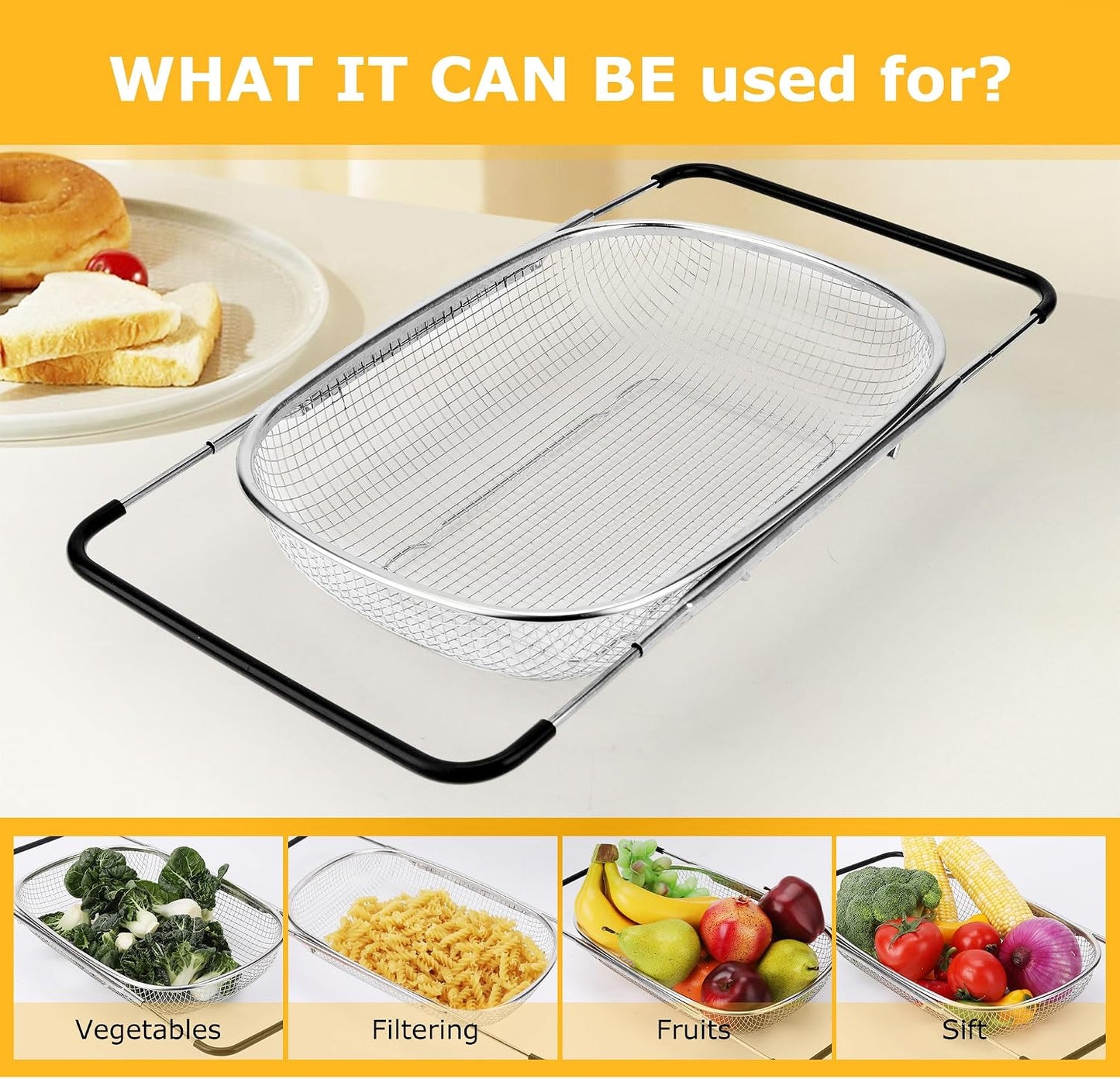 ZDRongZhen Kitchen Accessories Over the Sink Colander Strainer Basket，Stainless Steel Colander with Expandable Rubber Grip Sink Drainer-Rinse Vegetables Fruits &Strain&Drain (Large-Fine mesh)