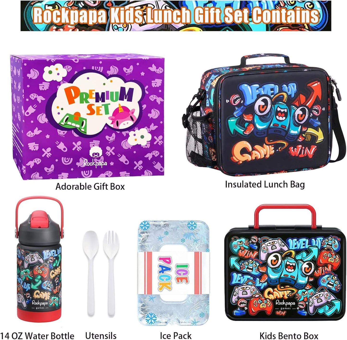 rockpapa Chill Kids Lunch Box Set with Leakproof 5.5 Cups Bento Box, Reusable Ice Pack, 14oz Insulated Water Bottle & Lunch Bag, BPA-Free Microwave Safe for School Boys Girls (Black Games)