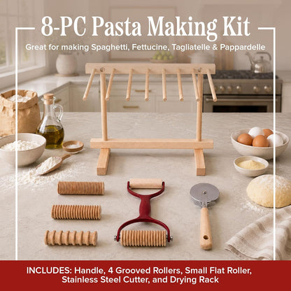 Pasta Drying Rack - Collapsible Spaghetti Holder with 8 Bars for Homemade Fresh Pasta - Wood Drying Rack for Spaghetti, Linguine, Fettucine, or Pappardelle - Kitchen Accessories by Classic Cuisine