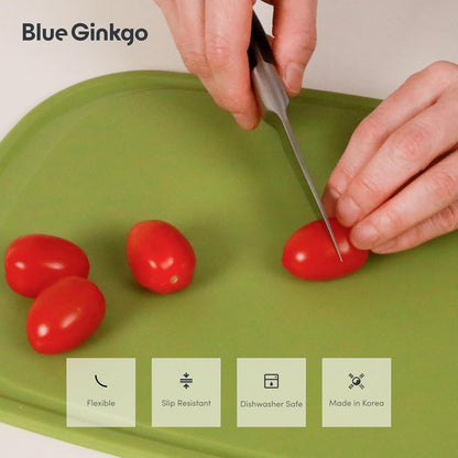 Blue Ginkgo Silicone Cutting Boards – Set of 3 (Small, Medium, Large) – Double-Sided, Thick, Flexible, Non-Slip, BPA Free – Juice Grooves, Dishwasher Safe (Made in Korea, Grey)