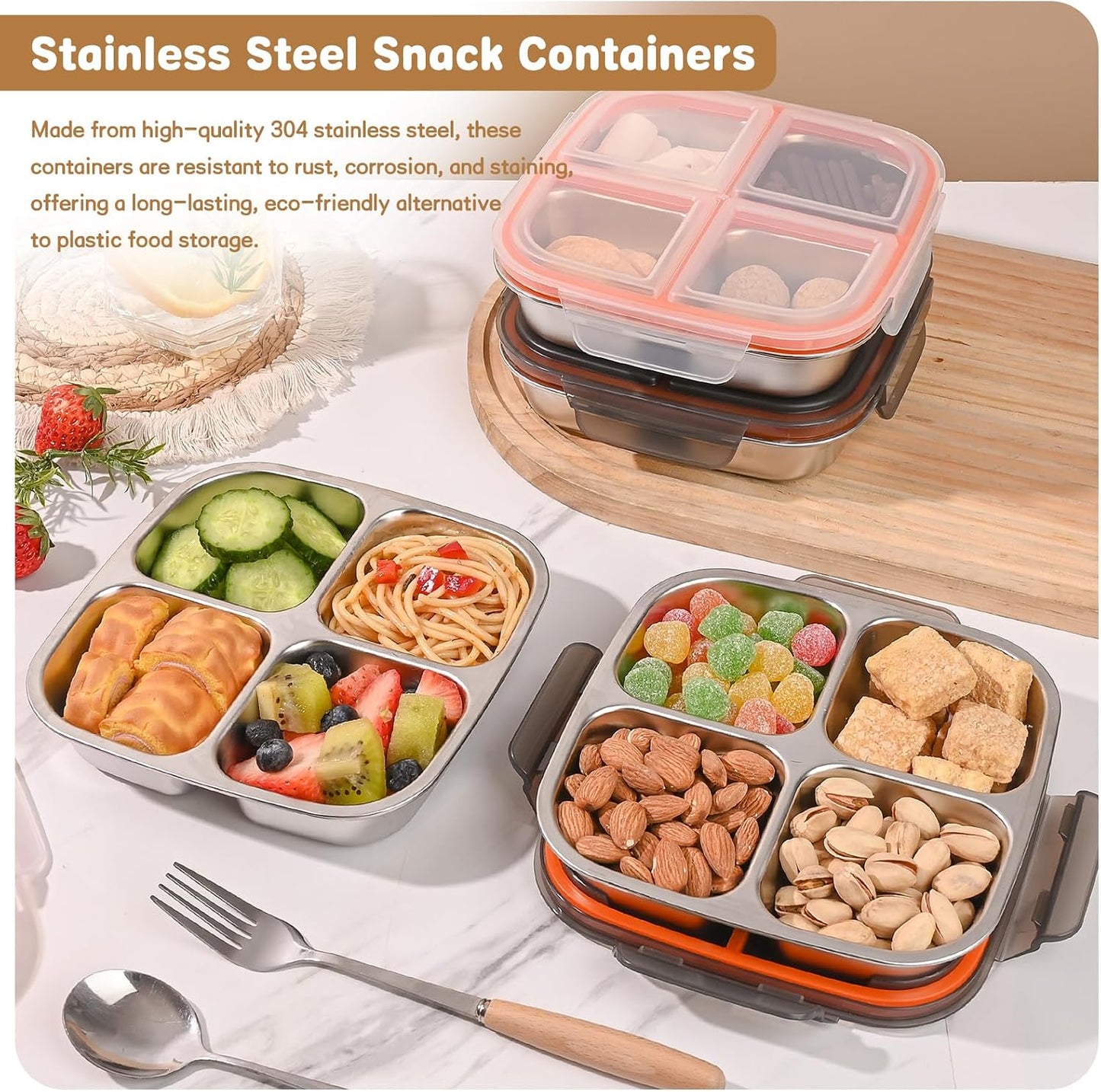 3 Pack Stainless Steel Snack Containers with Airtight Lids, 4 Compartment Food Storage Containers, Reusable Metal Meal Prep Lunch Boxes, Dishwasher Safe, Divided Plates for Adults (Black)