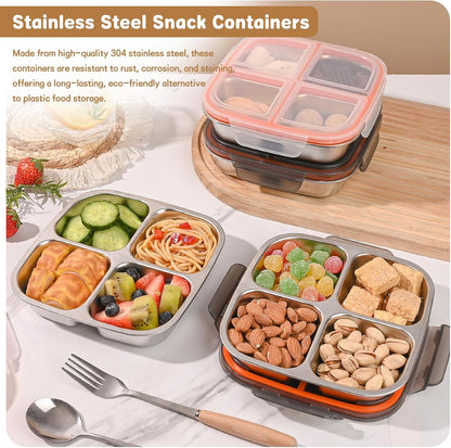 3 Pack Stainless Steel Snack Containers with Airtight Lids, 4 Compartment Food Storage Containers, Reusable Metal Meal Prep Lunch Boxes, Dishwasher Safe, Divided Plates for Adults (Black)