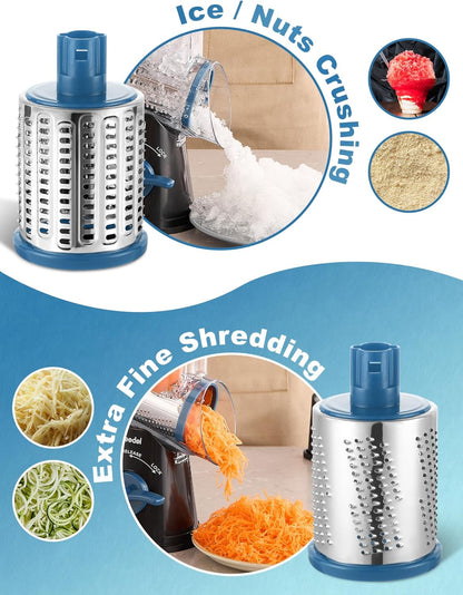 Geedel Rotary Cheese Grater, Kitchen Mandoline Vegetable Slicer with 3 Interchangeable Blades, Easy to Clean Rotary Grater Slicer for Cheese, Vegetables, Nuts
