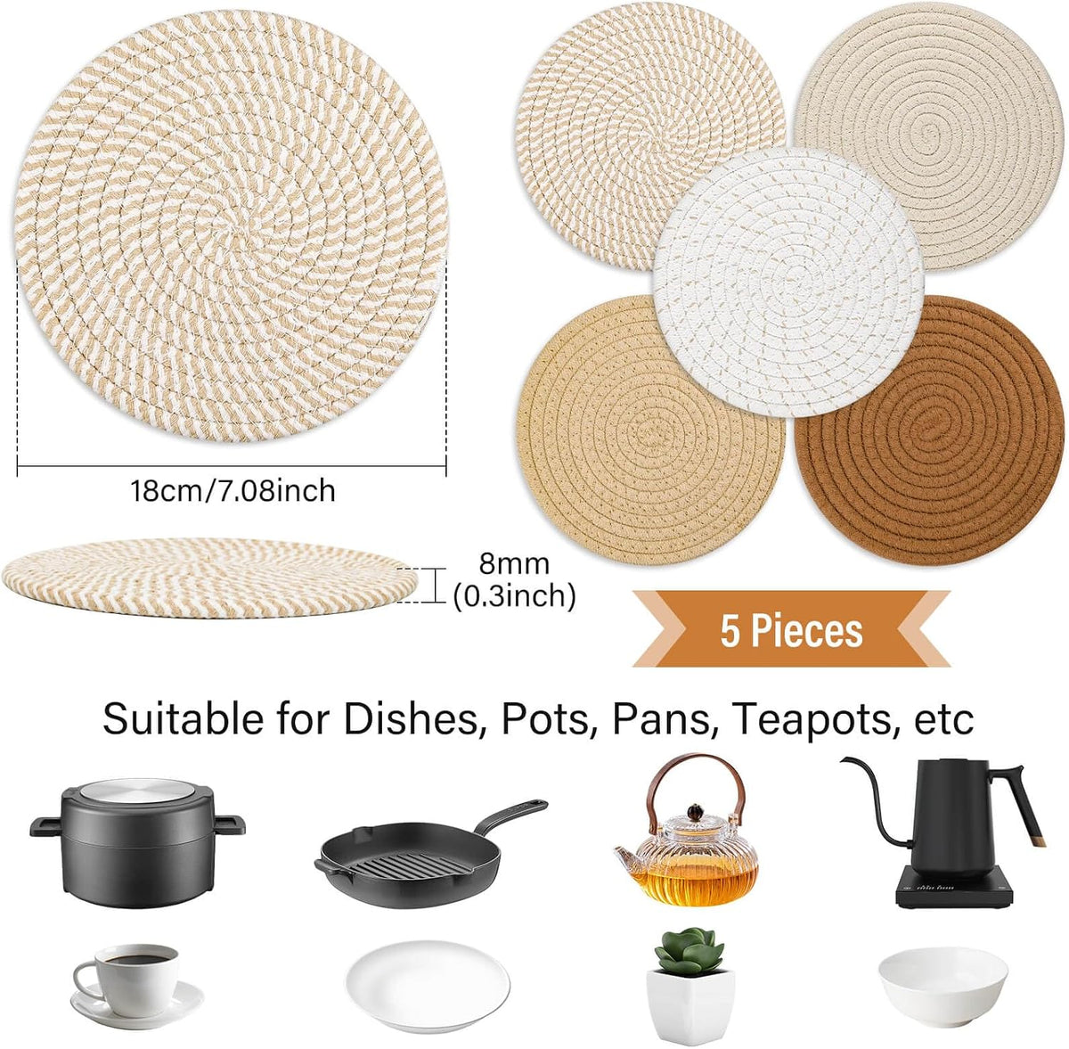 Tidponra Trivet Mats Set for Hot Dishes, 5 Heat Resistant Pot Holders Kitchen Counter, Table, Home Essentials, Anti Stain Hot Pads Plate Mats for Hot pots and Pans, 7 Inches