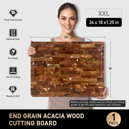 End Grain Cutting Board for Kitchen with Non-slip Feet, Acacia Wood Heavy Duty Checkered Cutting Board Upgraded Chopping Board with Juice Groove & Handle Large Wooden Butcher Block with Gift Box
