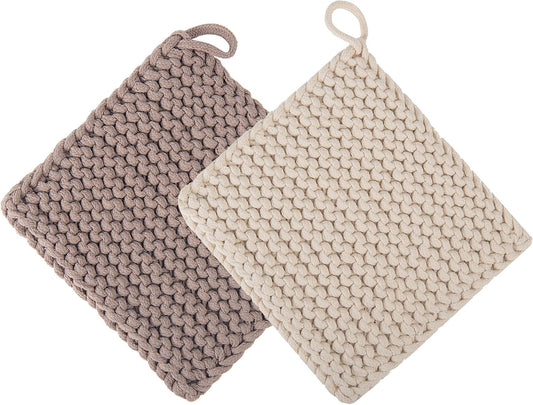 Eiyye Thick Crocheted Pot Holders, Handmade Hot Pads Crocheted Trivets for Kitchen hot Dishes(2-Pack), 8"x8" (White and Taupe)