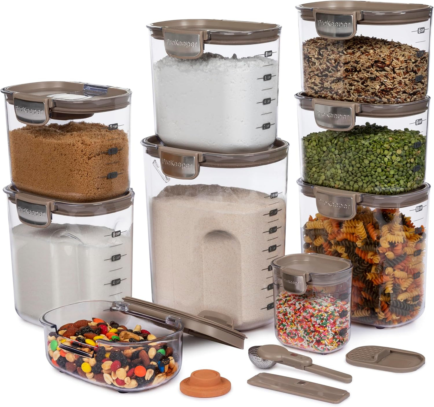 ProKeeper+ Airtight Food Storage Container Set – Clear Plastic Flour and Sugar Canister Set with Magnetic Accessories for Kitchen Organization (Grey, 9-Piece)
