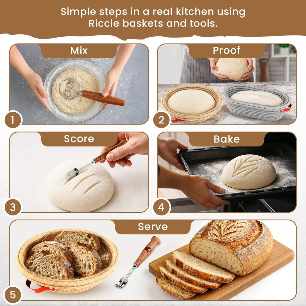 RICCLE Banneton Bread Proofing Basket, 2 Round Sourdough Banneton Baskets