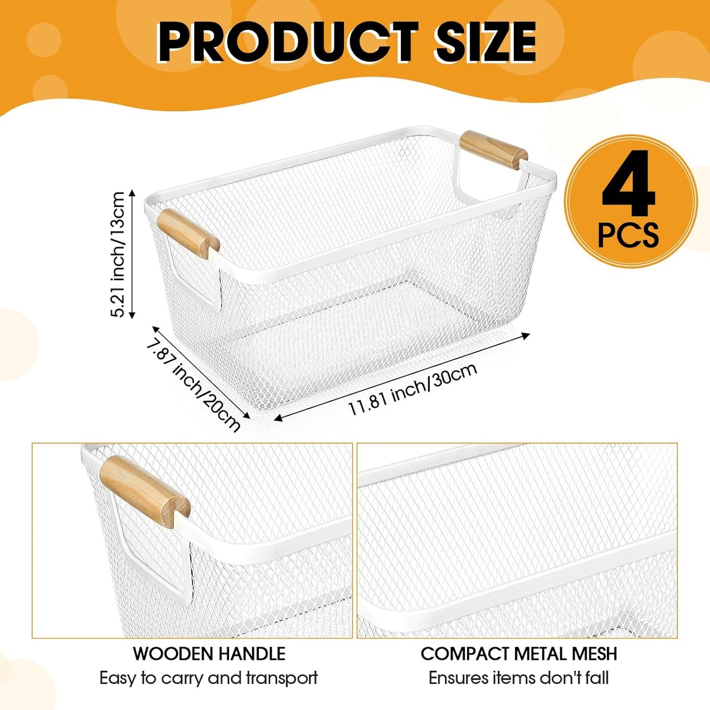 Ziliny 4 Pcs Metal Mesh Wire Baskets with Wooden Handles for Organizing, Pantry Organizers and Storage Steel Bin Kitchen Baskets for Fruit Potato Onion Snacks Bathroom Cabinet(Medium,Cream White)
