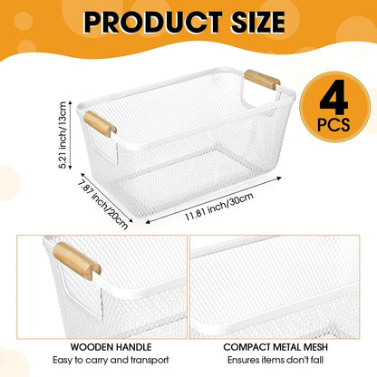 Ziliny 4 Pcs Metal Mesh Wire Baskets with Wooden Handles for Organizing, Pantry Organizers and Storage Steel Bin Kitchen Baskets for Fruit Potato Onion Snacks Bathroom Cabinet(Medium,Cream White)