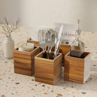 Acacia Silverware Caddy for Parties, Utensil Caddy with Paper Plate Dispenser, 4-Compartment Cutlery Flatware Organizer for Spoons, Forks, Napkins - Natural Wood Finish