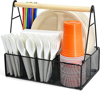 Metal Silverware Caddy for Countertop – 7 Compartment Paper Plate and Utensil Organizer with Side Handles – Cutlery Holder for Party, Buffet, Picnic, or Kitchen Table