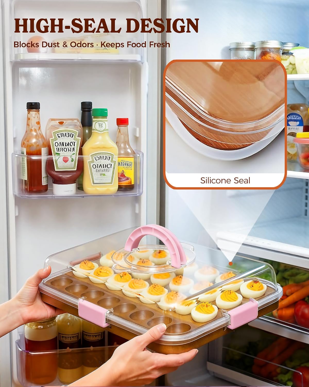 Sevenblue Acacia Wood Deviled Egg Containers with Lid and Handle, Portable Deviled Egg Platter for Easter, Potlucks & Party, Reversible Charcuterie Board Cutting Board