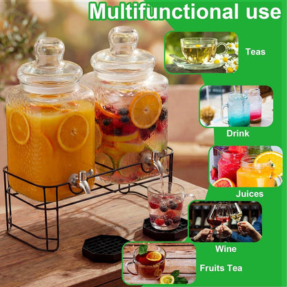 2 Pack 5 Gallon Drink Dispenser with Stand for Parties, Hammered Glass Beverage Dispensers, Stainless Steel Spigots and Drip Trays, Water Jar Jug for Lemonade, Juice, Tea and Party Drinks