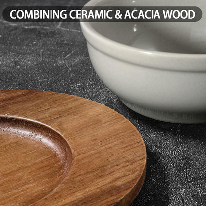 Artena 6oz Turquoise Solid Ceramic Chips and Dip Serving Platter with Acacia Wooden Tray, 4.5inch Glazing Small Serving Bowls/Dipping Dishes for Condiments,Side Dishes, Dipping, Pre, Dessert, Salsa