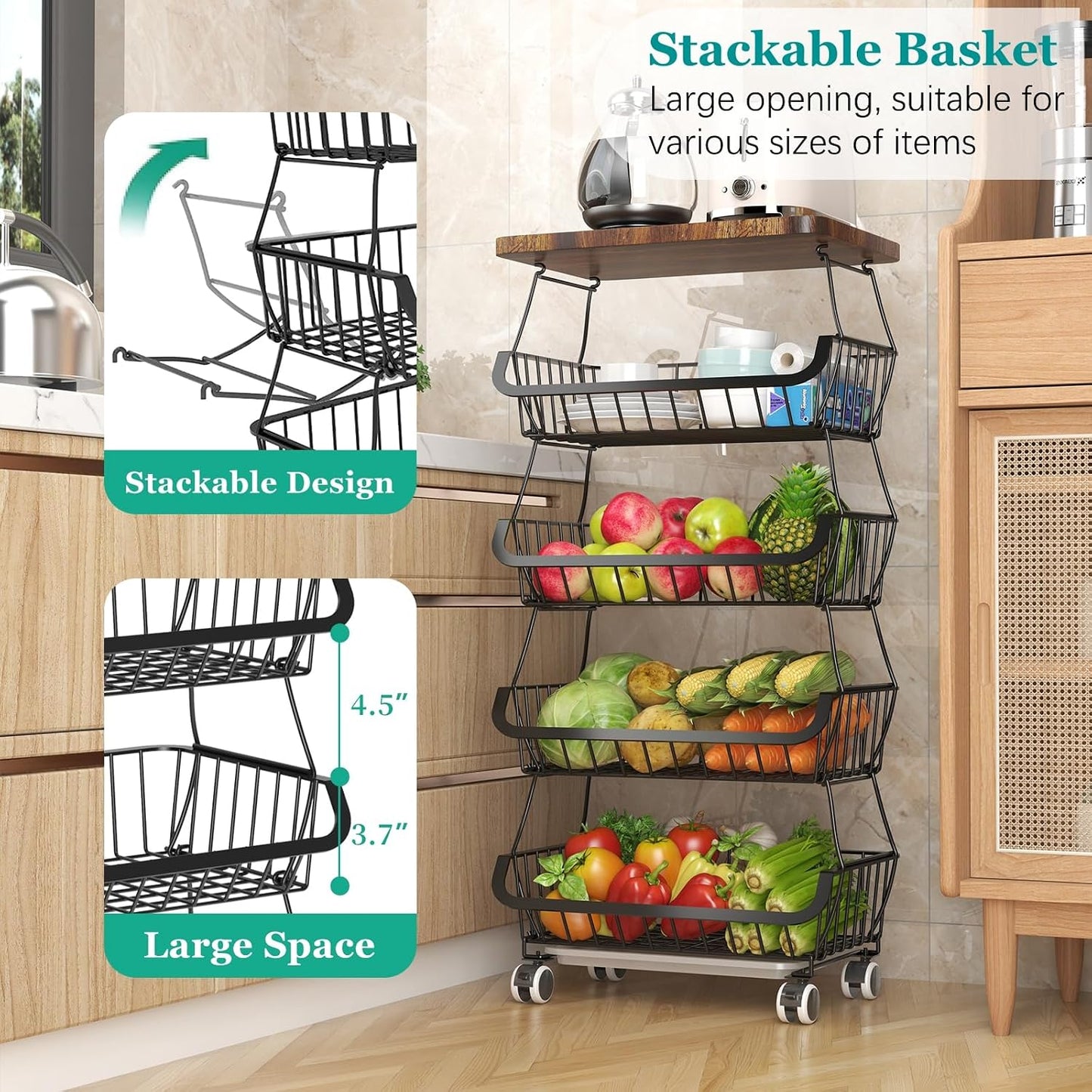 CHLORYARD Fruit Basket with Wooden Lid for Kitchen, 4-Tier Stackable Wire Fruit Vegetable Storage Basket Organizer Stand on Wheel, Produce Basket Potato Onion Storage Bins Rack Cart for Pantry