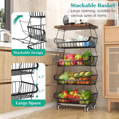 CHLORYARD Fruit Basket with Wooden Lid for Kitchen, 4-Tier Stackable Wire Fruit Vegetable Storage Basket Organizer Stand on Wheel, Produce Basket Potato Onion Storage Bins Rack Cart for Pantry