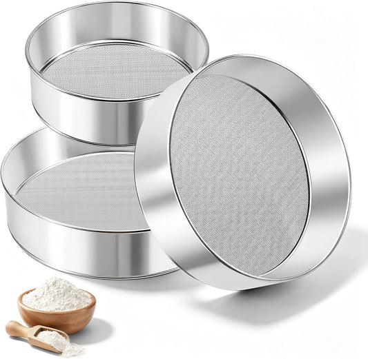 3 Pcs flour sifter for baking (8" 40 and 60 Mesh, 6" 40 Mesh)