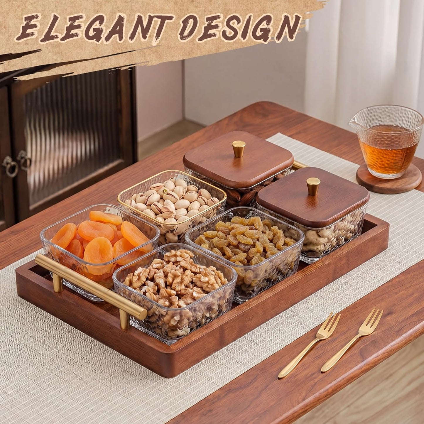 Domensi 6 Glass Snackle Box with Wood Tray and Lids Dry Fruit Container Jars Divided Serving Snack Tray with Gold Handles, Snackle Box Container Platter for Candy, Condiments Home Entertaining