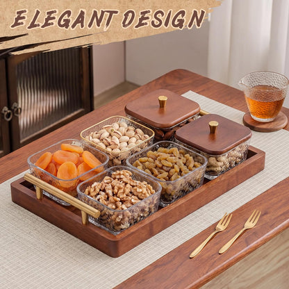 Domensi 6 Glass Snackle Box with Wood Tray and Lids Dry Fruit Container Jars Divided Serving Snack Tray with Gold Handles, Snackle Box Container Platter for Candy, Condiments Home Entertaining