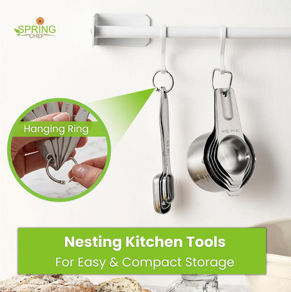 Spring Chef Stainless Steel Measuring Cups and Spoons Set of 14 with Leveler, Nesting Kitchen Metal Measuring Cups and Spoons Set for Dry and Liquid Ingredients, Perfect for Cooking & Baking