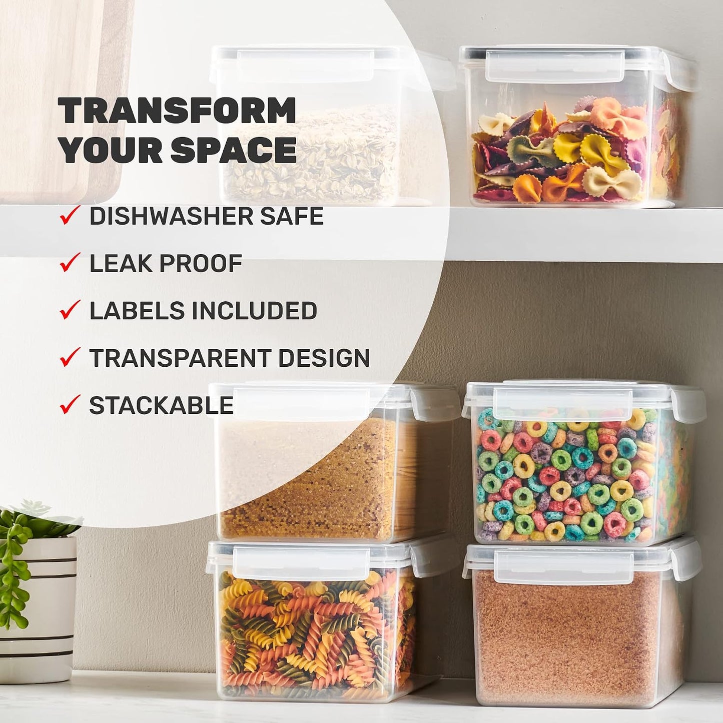 Large Airtight Food Storage Containers with Lids Set of 4 3.2L - 102 fl. oz Pasta storage Containers, BPA Free Plastic Spaghetti container - Air Tight Canisters for Kitchen Pantry Organization