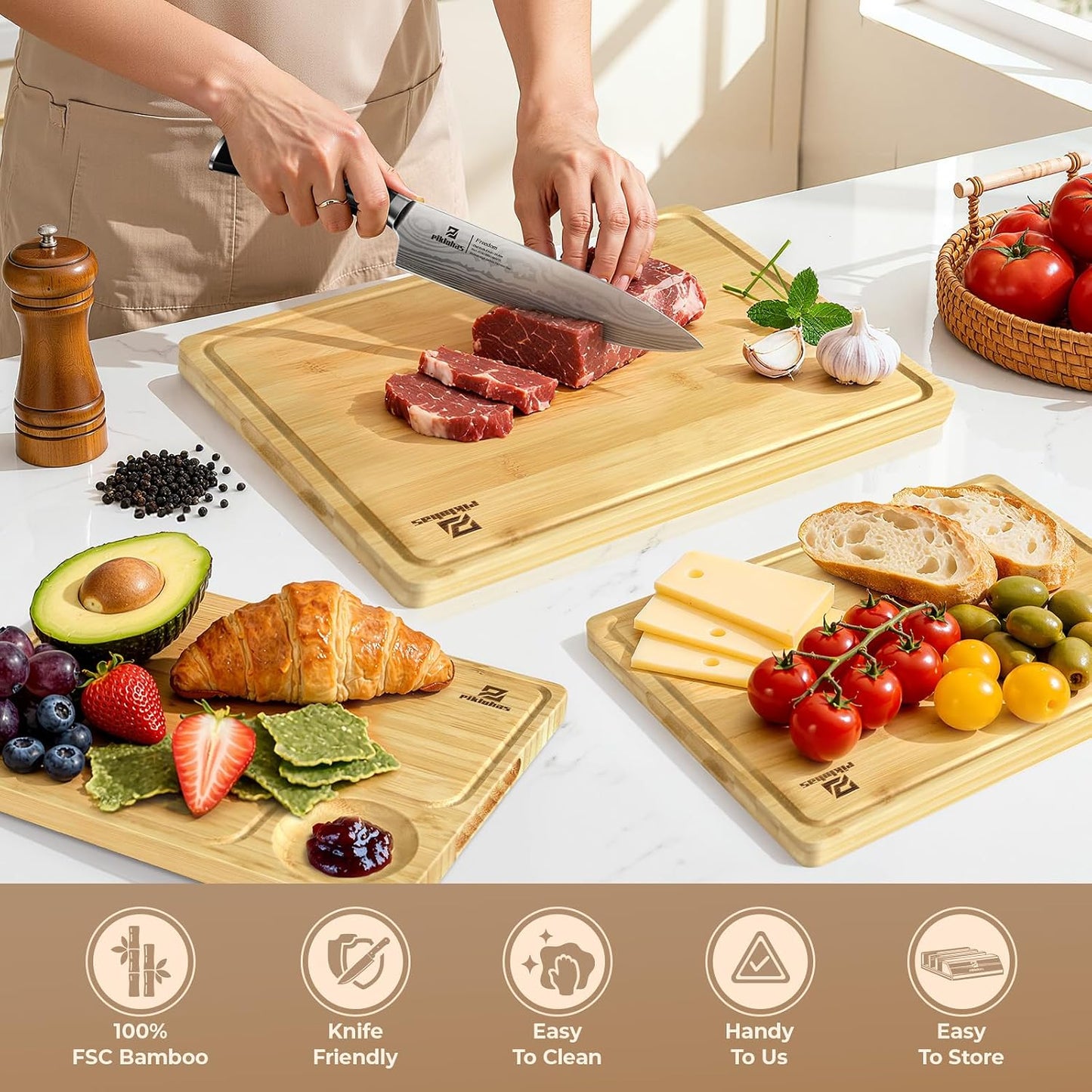 Cutting Boards Large Set of 7, Acacia Wood Charcuterie Chopping Board for Kitchen with Holder Non Slip Feet, Plastic Serving Board Mats, Juice Groove, Reversible Butcher Block for Meat Cheese Bread