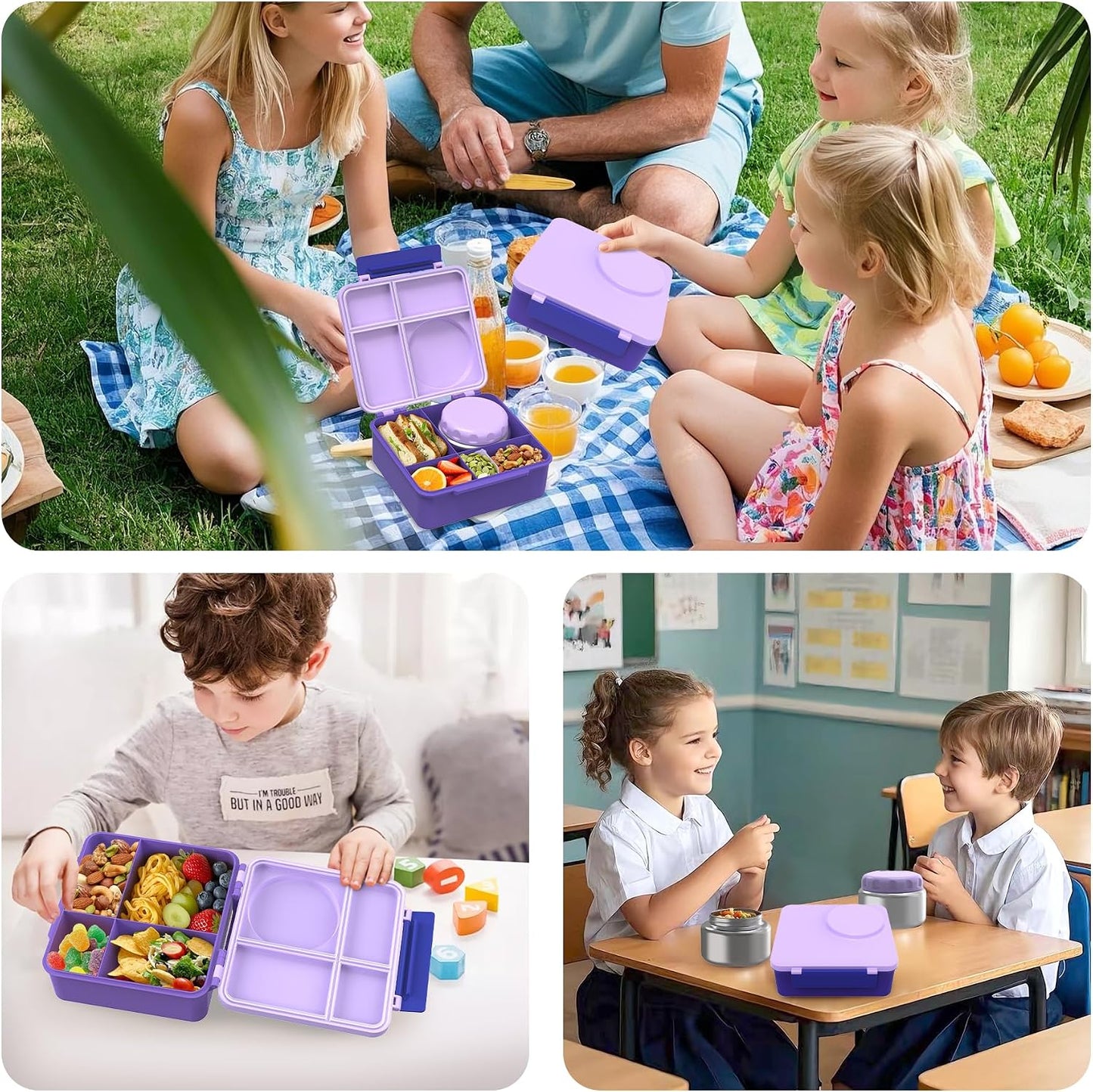 Bento Lunch Box Set for Kids with 8oz Soup Thermo, Leak-Proof Lunch Containers with 4 Compartment, Thermo Hot Insulated Food Jar and Foldable Fork Spoon, for Kids to School (pale pink)