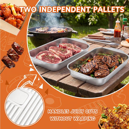 Hushee 6 Pcs Stainless Steel Grill Prep and Serve Tray Set, Grill Carry System, Large Marinating Container with Lid, Metal Grates, Cutting Board, Meat BBQ Blanket Food Prep, BBQ Grilling Accessories