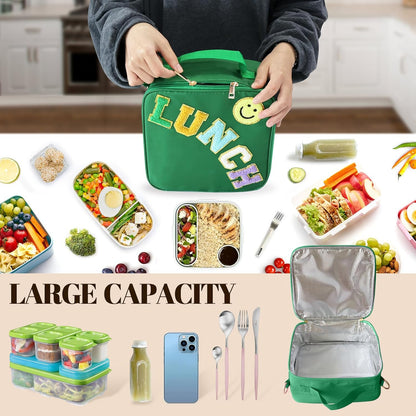 Insulated Lunch Bag With Adjustable Shoulder Strap, Nylon Preppy Lunch Box Large Insulated Lunch Bag Reusable Lunch Tote Bag with Smiley Preppy LunchBag for Girls School Travel Picnic (Green)