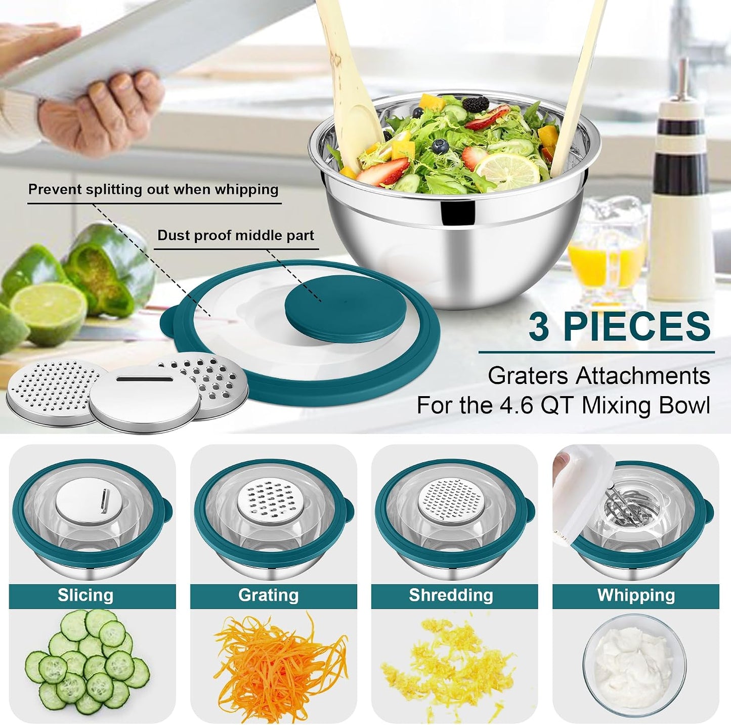 E-far Mixing Bowls Set of 5, Stainless Steel Salad Mixing Bowl with Transparent Lid, Metal Nesting Bowl Attach with 3 Graters for Kitchen Prepping/Serving/Baking/Storage, 4.6/2.6/1.5/1/0.7 QT - Black