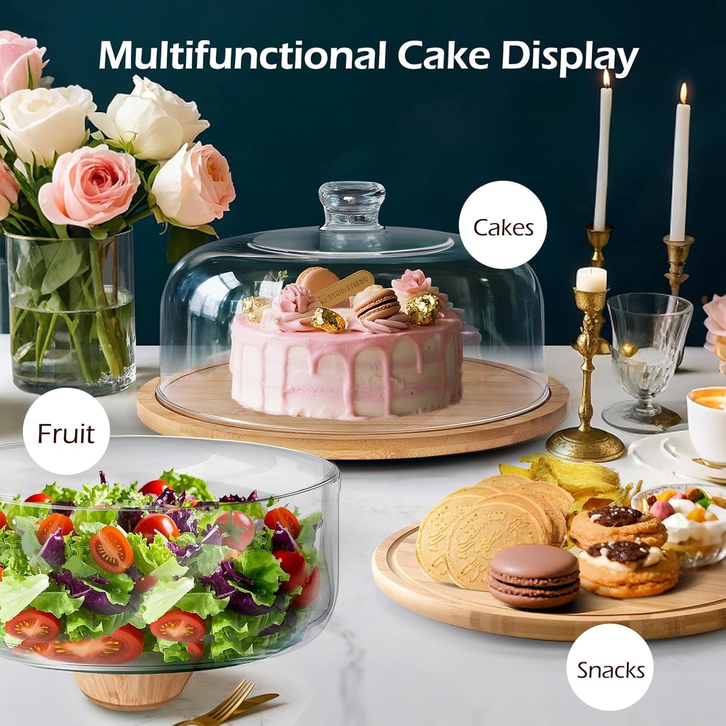 MASTERTOP Cake Stand with Dome Lid - 360° Rotation Cake Stand, 12in Round Cake Holder, 2-in-1 Dessert Table Display Set for Wedding/Birthday/Kitchen/Party