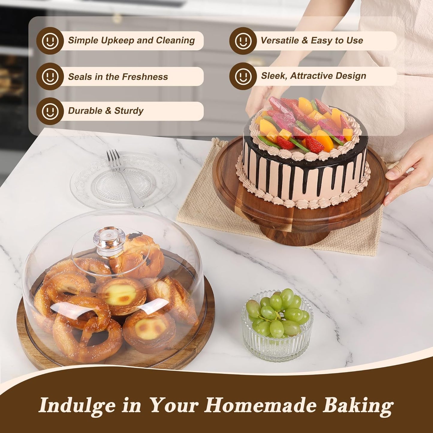 Bellsal Cake Stand with Dome Lid, 12in Acacia Wood Cake Plate with Cover, Wooden Cake Display Stand with Acrylic Dome, Cake Decorating for Baking Gift