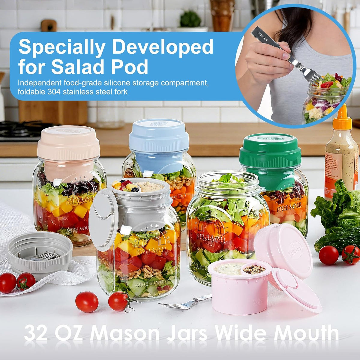 [UPGRADE] 4 Pack Glass Salad Container for Lunch, Salad Jars with Silicone Dressing Cup & Airtight Lid & Fork for Meal Prep, Wet/Dry Separation Divider for Salad Dressing and Dry Ingredients Mason Jar
