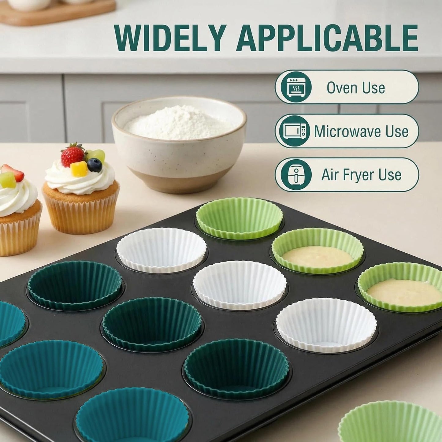 Reusable Silicone Cupcake Liners, BPA Free Silicone Muffin Cups for Baking, Oven Microwave Air Fryer Safe, 2.75 x 1.7 x 1.2 Inches, Dishwasher Safe Baking Cups, 8 Rainbow Colors, 24 Pack