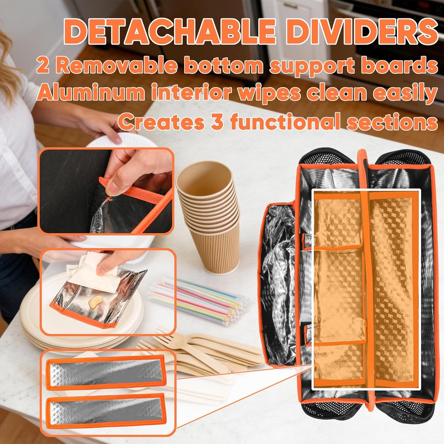 CROTIRAD Foldable Utensil Holder for Party with 9 Compartments, Paper Plate Organizer for Countertop with Top Handle, Buffet Silverware Utensil Caddy for Plate Cup Fork Spoon Napkin, Black