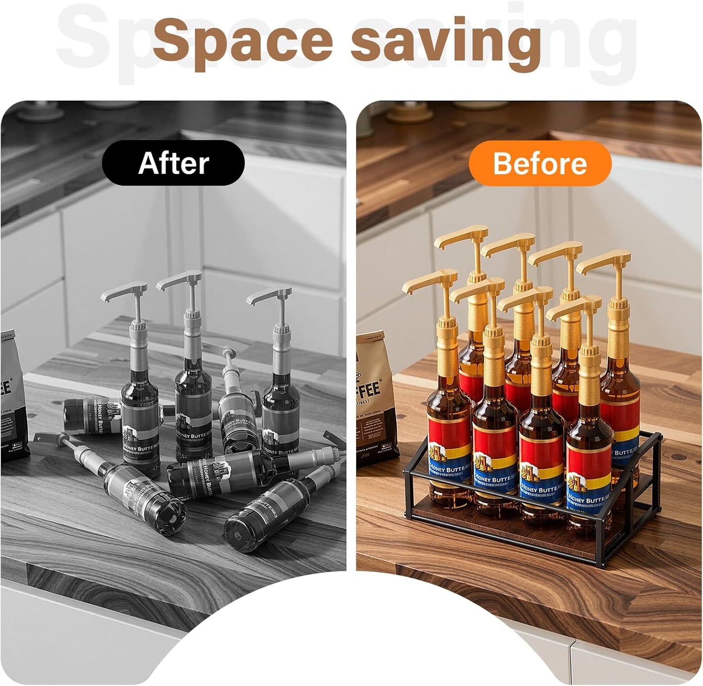 kimilus Coffee Syrup Organizer Rack, Liquor Bottle Display Shelf, 2 Tier 10 Syrup Bottles Holder Stand for Coffee Bar Kitchen Small Wine Rack for Family Storage for Syrup Wine Dressing