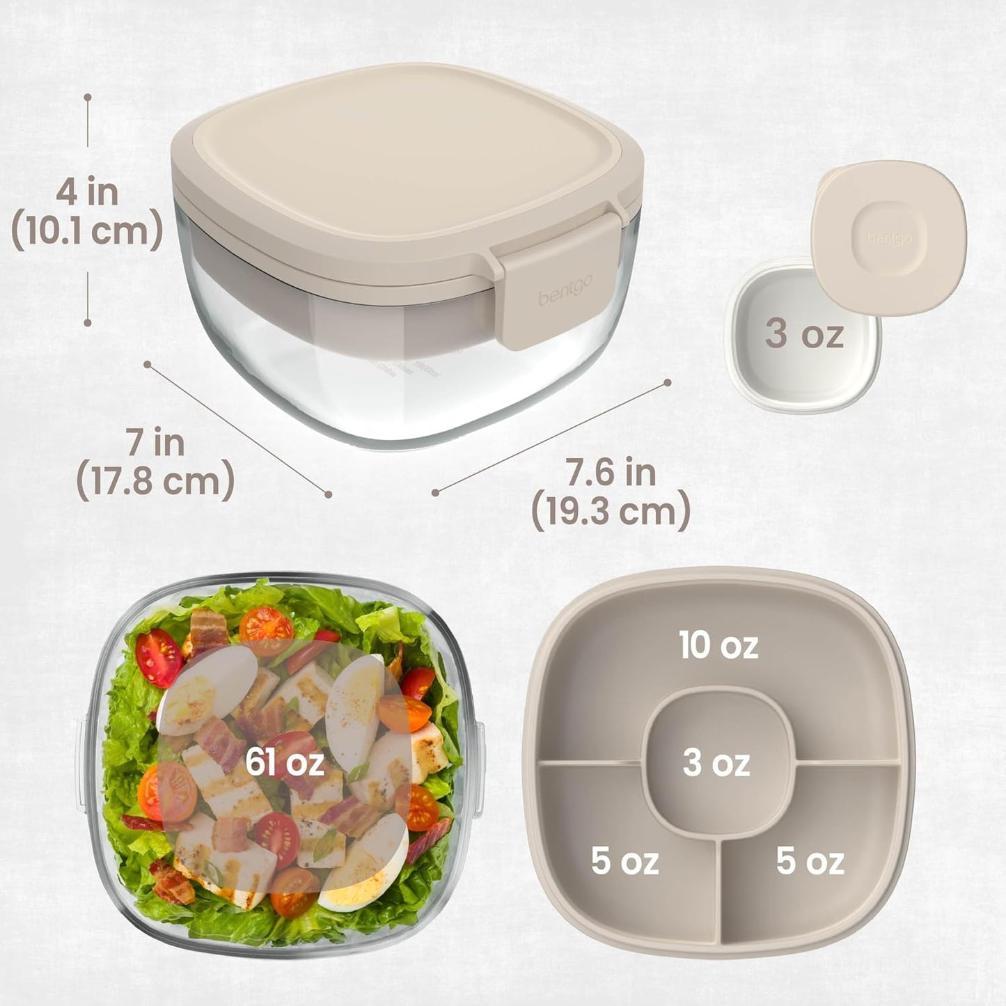 Bentgo Glass Salad Container - 7.6-Cup Salad Bowl with Airtight Lid, Leak-Proof Sauce Container, 4-Compartment Bento Tray & Reusable Fork - BPA-Free for Meal Prep, Office & More (Light Blue)