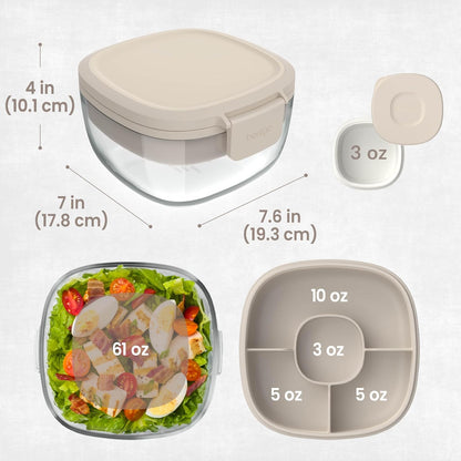 Bentgo Glass Salad Container - 7.6-Cup Salad Bowl with Airtight Lid, Leak-Proof Sauce Container, 4-Compartment Bento Tray & Reusable Fork - BPA-Free for Meal Prep, Office & More (Light Blue)