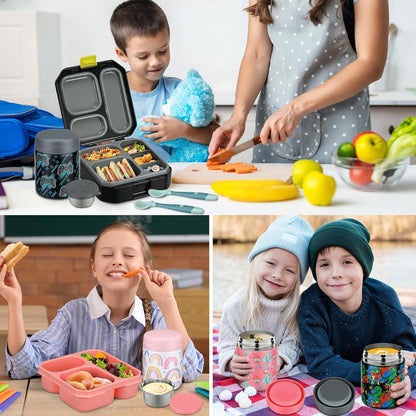 Itslife Bento Lunch Box Set for Kids with 12oz Soup Thermo&Lunch Bag, Leak-Proof Lunch Food Containers for Kids School, 5 Compartment, Sauce Cup, 10 Notes (Dinosaurs Black)