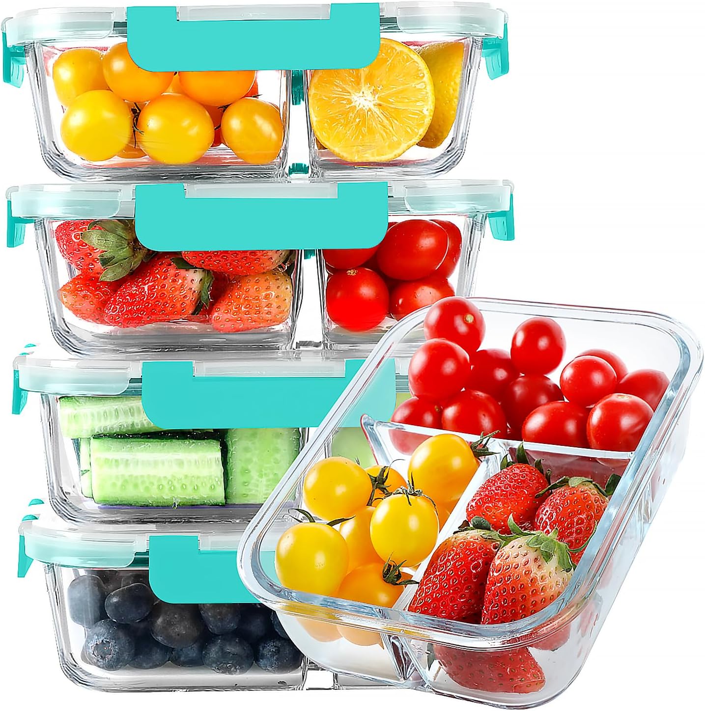KOMUEE Glass Meal Prep Containers 3 Compartments, 5 Pack 36 oz, Glass Food Storage Containers with Lids, Airtight Lunch Bento Box, Portion Control, Freezer and Microwave Safe